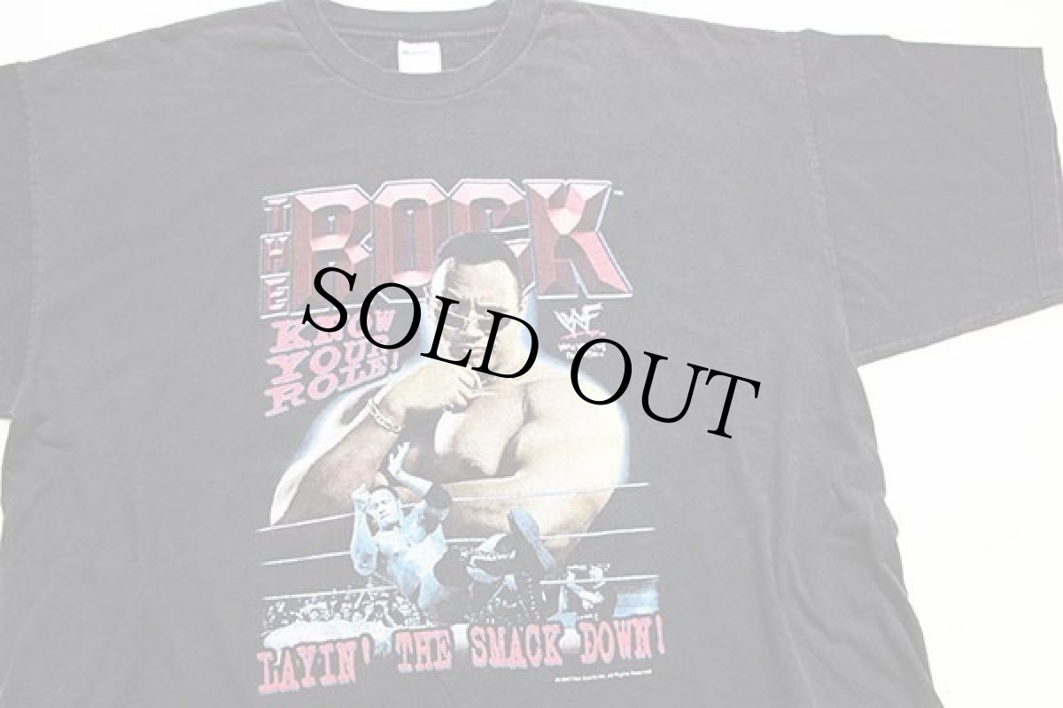 画像1: 90s USA製 THE ROCK LAYIN' THE SMACK DOWN! プロレス 両面プリント コットンTシャツ 黒 3XL★特大 (1)