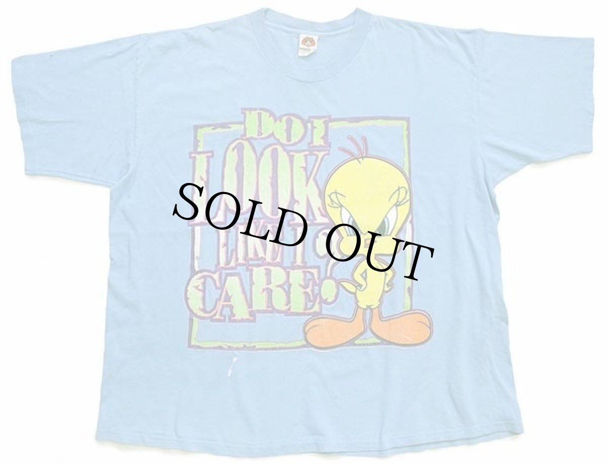 画像2: 90s USA製 Warner Bros LOONEY TUNES DO I LOOK LIKE I CARE? TWEETYトゥイーティー コットンTシャツ 水色 22W (2)