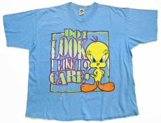 画像2: 90s USA製 Warner Bros LOONEY TUNES DO I LOOK LIKE I CARE? TWEETYトゥイーティー コットンTシャツ 水色 22W (2)