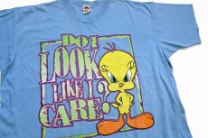 画像1: 90s USA製 Warner Bros LOONEY TUNES DO I LOOK LIKE I CARE? TWEETYトゥイーティー コットンTシャツ 水色 22W (1)