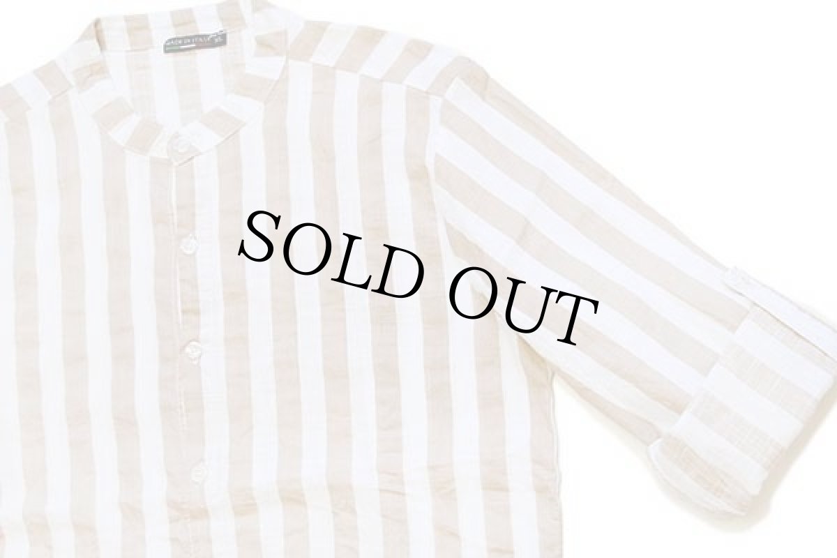 画像3: イタリア製 UNKNOWN ストライプ バンドカラー コットンシャツ 薄茶×白 (3)