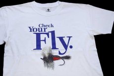 画像1: 90s Columbiaコロンビア Check Your Fly 毛針 コットンTシャツ 白 L (1)