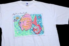 画像1: 90s USA製 RUSSELLラッセル daytona beach 熱帯魚 発泡プリント アート コットンTシャツ 白 XL (1)