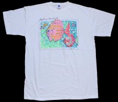 画像2: 90s USA製 RUSSELLラッセル daytona beach 熱帯魚 発泡プリント アート コットンTシャツ 白 XL (2)