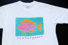 画像1: 90s USA製 newburyport フィッシュ 蛍光プリント アート コットンTシャツ 白 (1)