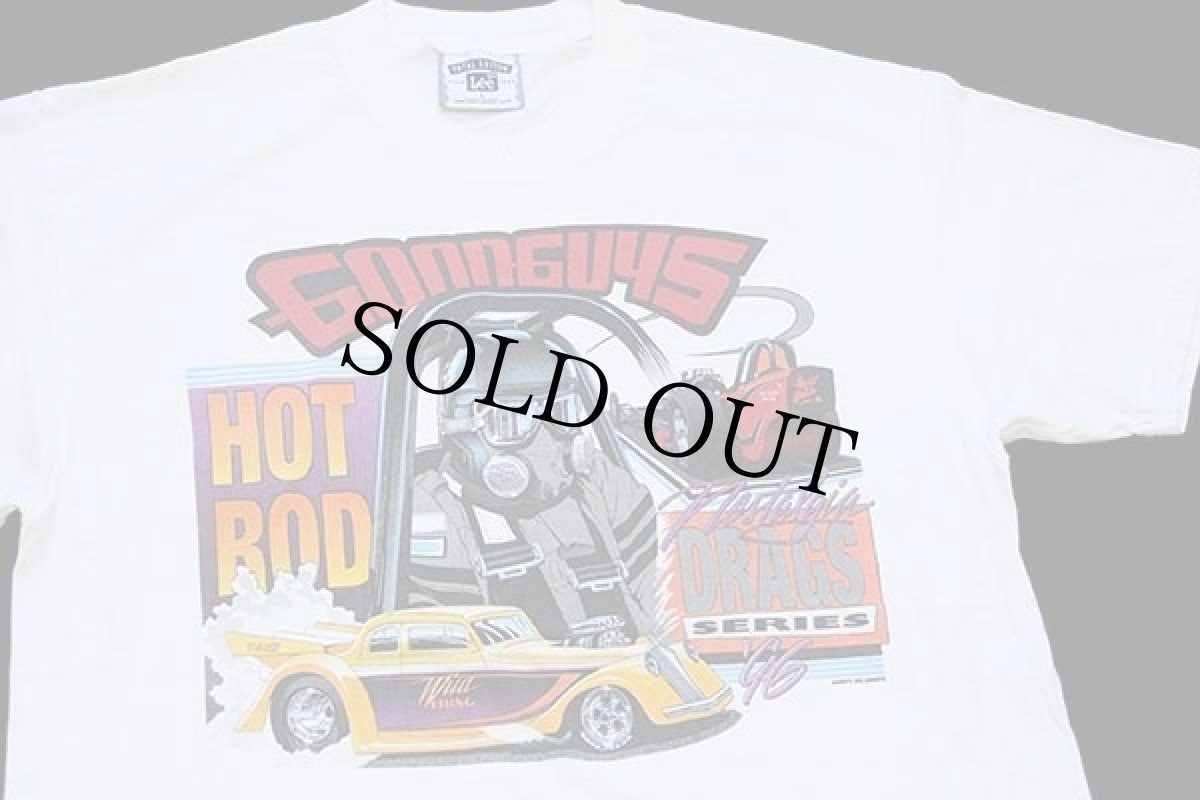 画像1: 90s USA製 Leeリー GOODGUYS HOTROD Nostalgia DRAGS SERIES ドラッグレース 両面プリント コットンTシャツ 白 L (1)