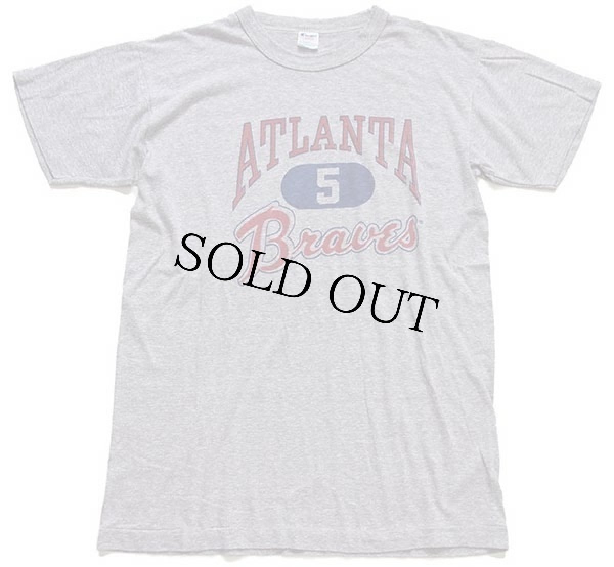 画像2: 80s USA製 Championチャンピオン MLB ATLANTA 5 Braves 三段中抜き 染み込みプリント Tシャツ 杢グレー L (2)