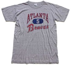 画像2: 80s USA製 Championチャンピオン MLB ATLANTA 5 Braves 三段中抜き 染み込みプリント Tシャツ 杢グレー L (2)