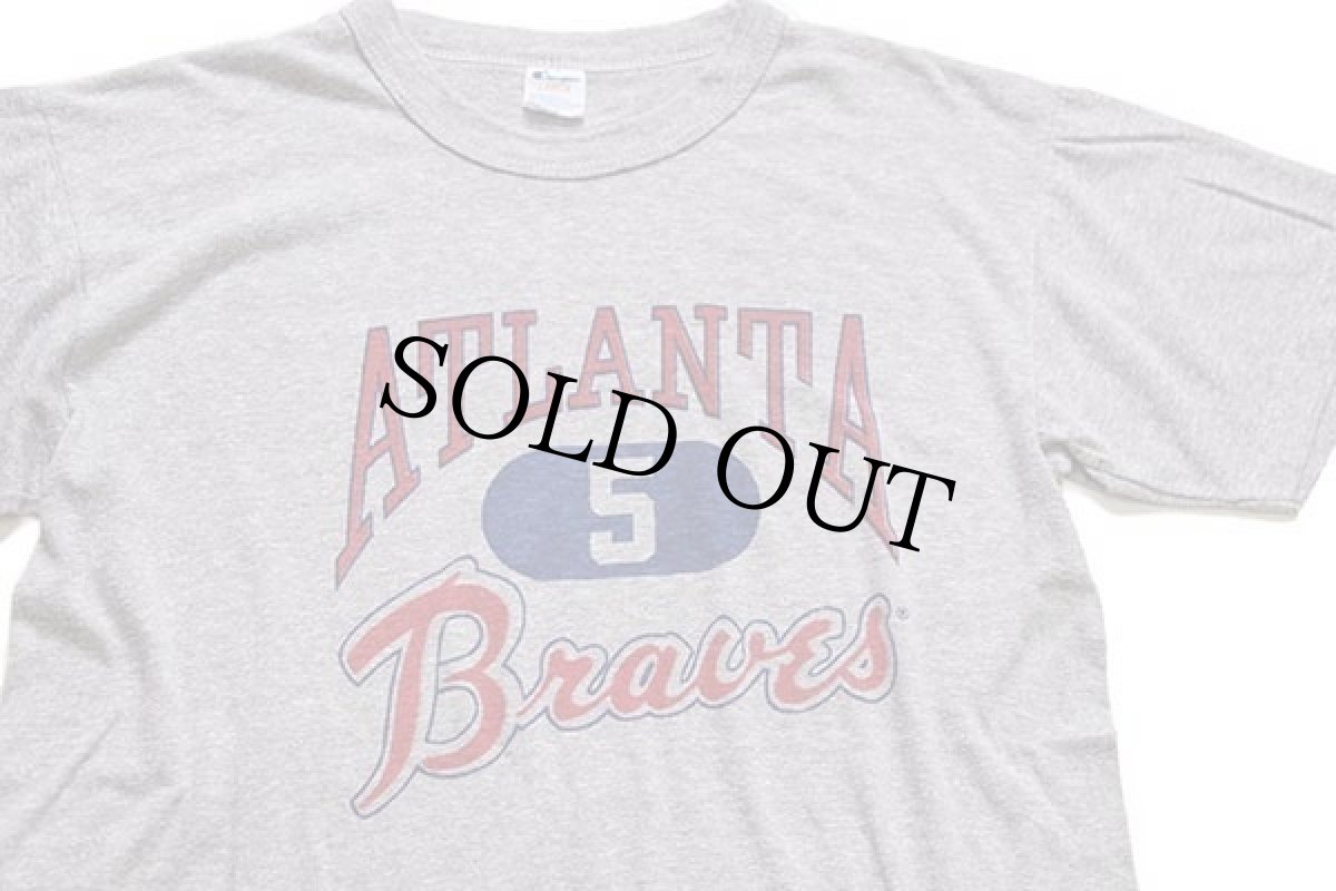 画像1: 80s USA製 Championチャンピオン MLB ATLANTA 5 Braves 三段中抜き 染み込みプリント Tシャツ 杢グレー L (1)