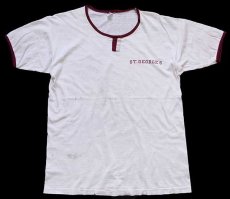 画像2: 60s CHAMPIONチャンピオン プロダクツ ST.GEORGE'S 染み込みプリント チョコチン リンガーTシャツ ボロ 白 L (2)