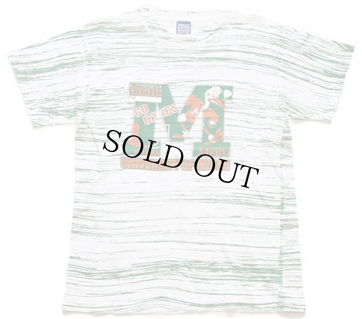 画像2: 90s USA製 UNIVERSITY OF MIAMI HURRICANS マスコット ランダムライン オールオーバープリント コットンTシャツ (2)