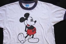 画像1: 80s USA製 Disneyディズニー ミッキー マウス コットン リンガーTシャツ 白×ナス紺 M (1)