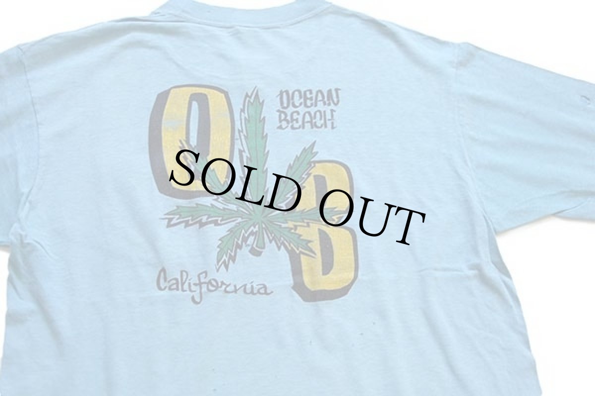 画像1: 70s OCEAN BEACH California ガンジャ コットン ポケットTシャツ ボロ 水色 XL (1)