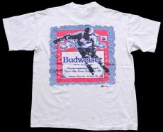 画像1: 90s USA製 Budweiserバドワイザー インラインスケート 蛍光 両面プリント コットンTシャツ 白 L (1)