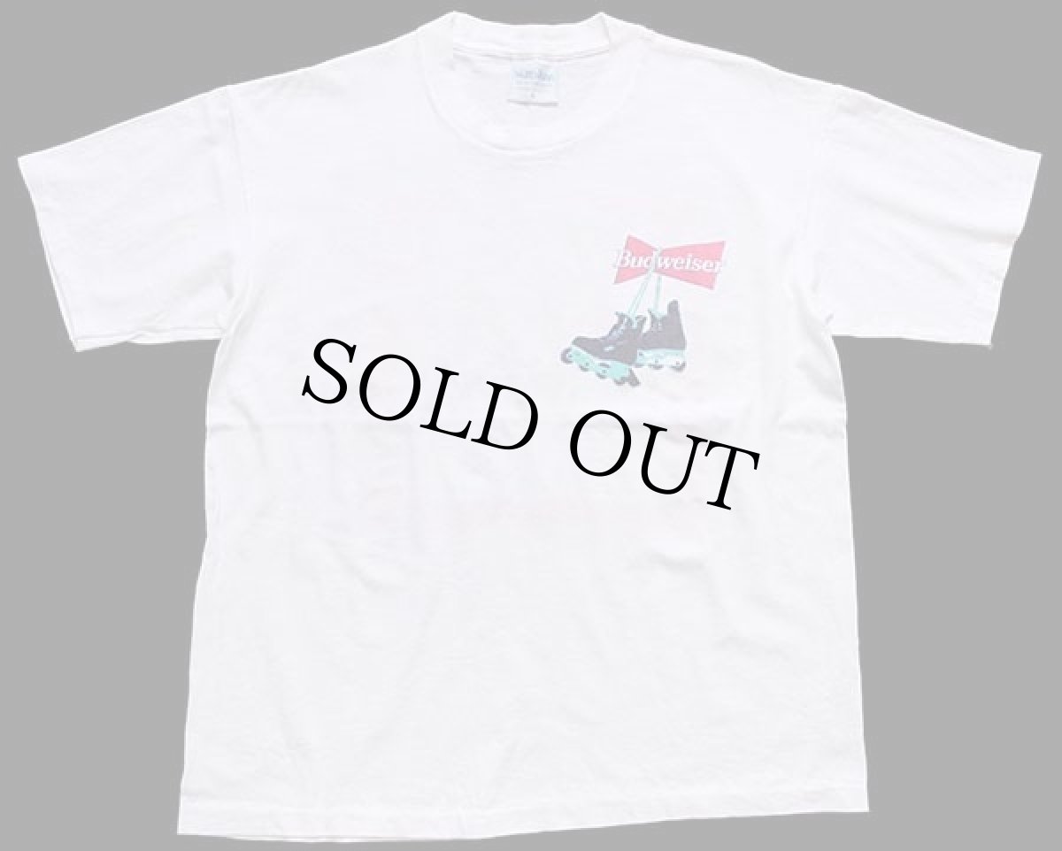 画像2: 90s USA製 Budweiserバドワイザー インラインスケート 蛍光 両面プリント コットンTシャツ 白 L (2)