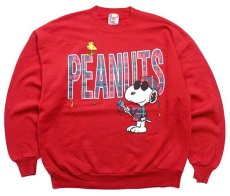 画像1: 00s USA製 PEANUTS スヌーピー ウッドストック タータンチェック ペイント スウェット 赤 XL (1)