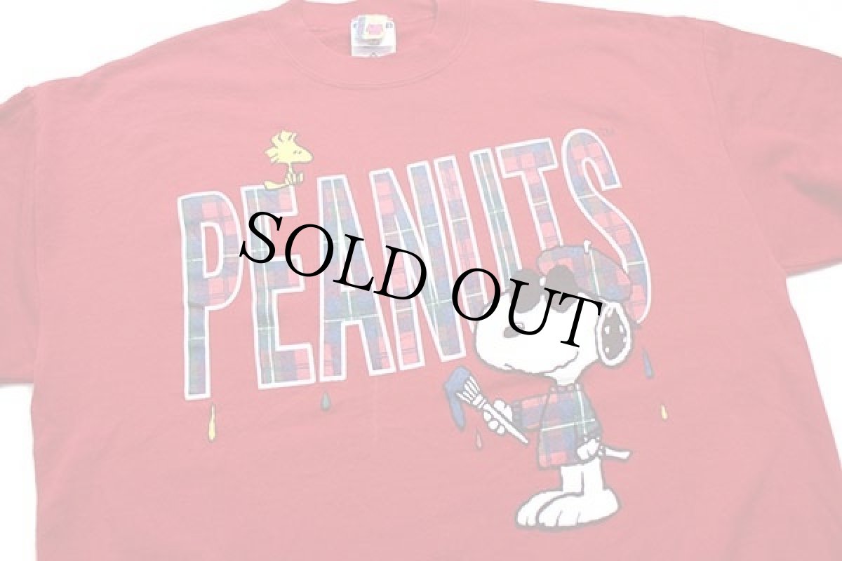 画像3: 00s USA製 PEANUTS スヌーピー ウッドストック タータンチェック ペイント スウェット 赤 XL (3)