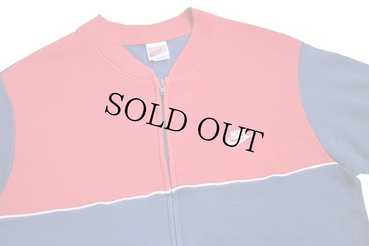 画像3: 90s USA製 NIKEナイキ ロゴ刺繍 ツートン フルジップ スウェット 紺×赤 M (3)