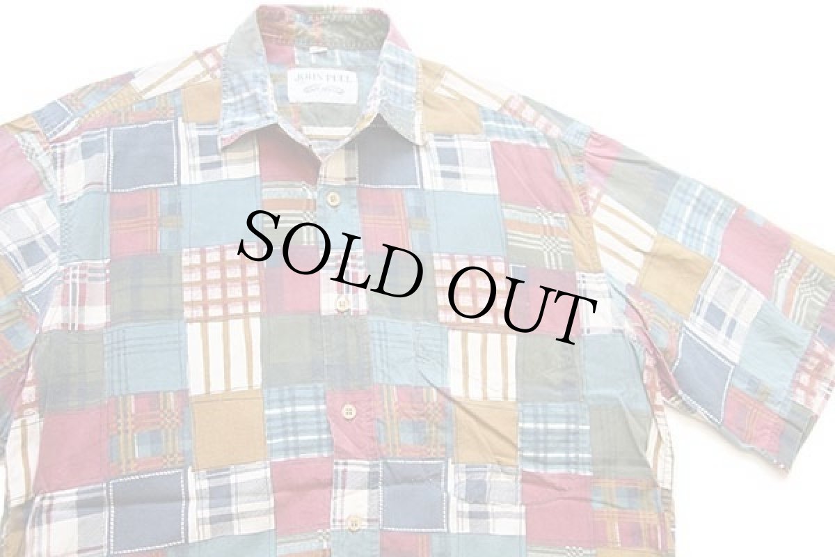 画像3: 80s JOHN PEEL チェック パッチワーク柄 半袖 コットンシャツ S★インド綿 (3)