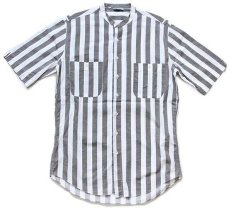 画像1: 80s イタリア製 benettonベネトン ストライプ バンドカラー 半袖 コットンシャツ グレー×白 (1)