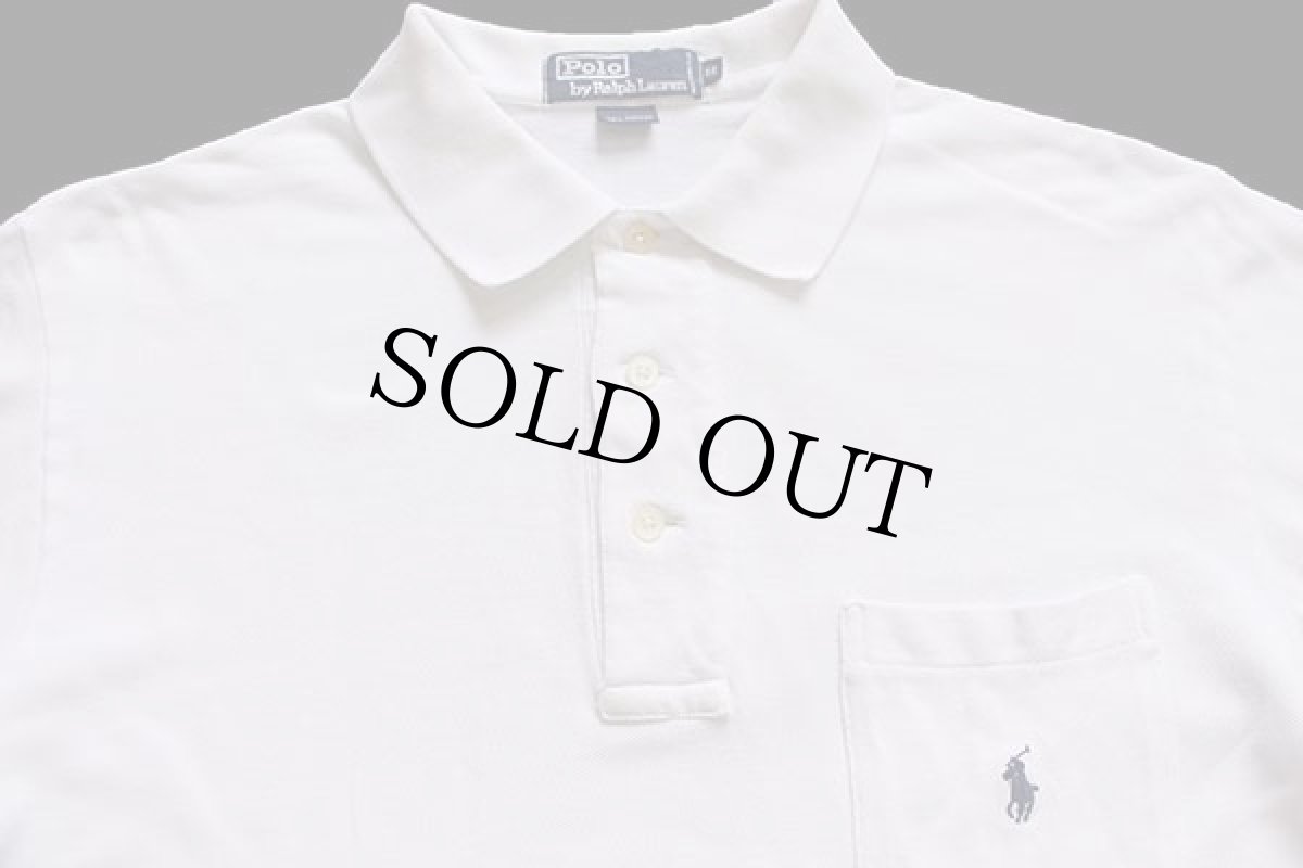 画像3: 90s ポロ ラルフローレン ワンポイント ポケット付き コットン 鹿の子 長袖ポロシャツ 白 S (3)
