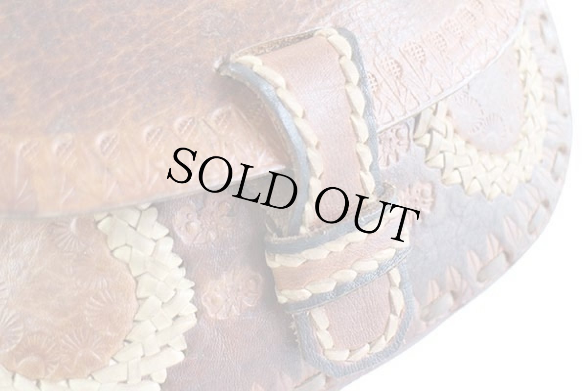 画像7: 80s 花柄 カービング & 編み込み 飾りステッチ レザー ショルダーバッグ 茶 (7)