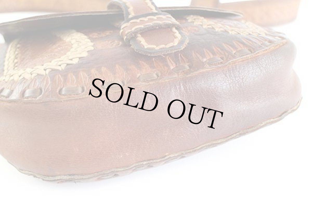 画像5: 80s 花柄 カービング & 編み込み 飾りステッチ レザー ショルダーバッグ 茶 (5)