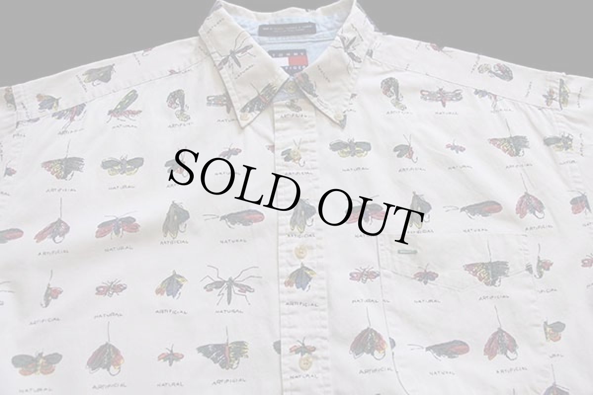 画像3: 90s TOMMY HILFIGERトミーヒルフィガー 毛針&昆虫 フライ 総柄 ボタンダウン コットンシャツ L (3)