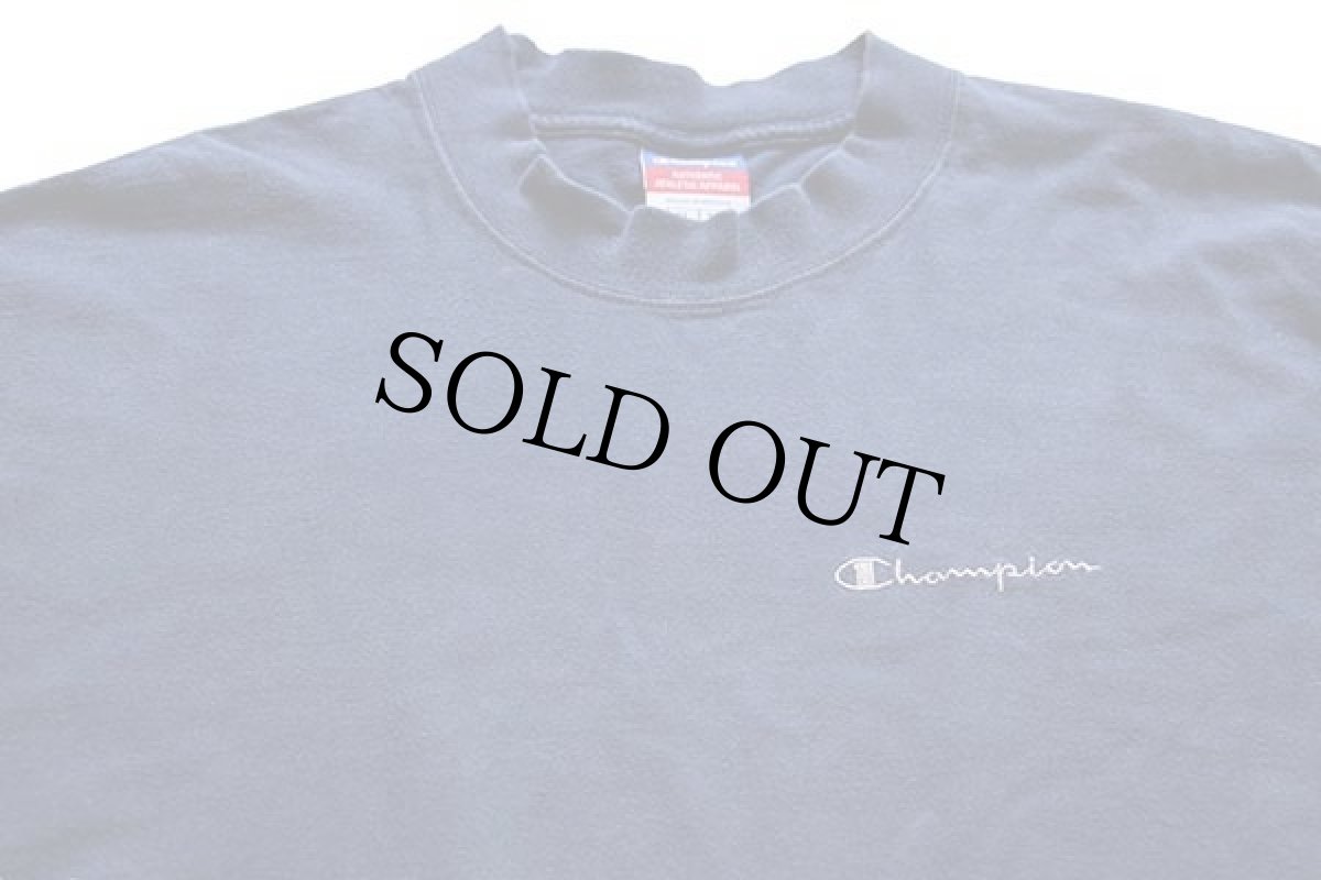 画像3: 90s メキシコ製 Championチャンピオン ワンポイント スクリプト ロゴ刺繍 モックネック コットン 長袖Tシャツ 紺 フェード XL (3)