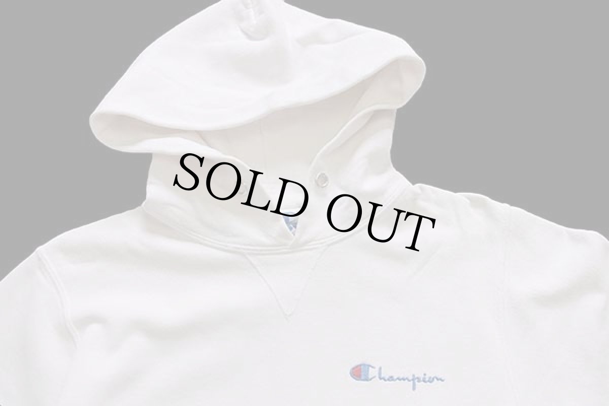 画像3: 90s USA製 Championチャンピオン ワンポイント スクリプト ロゴ刺繍 前V スウェットパーカー 白 M (3)