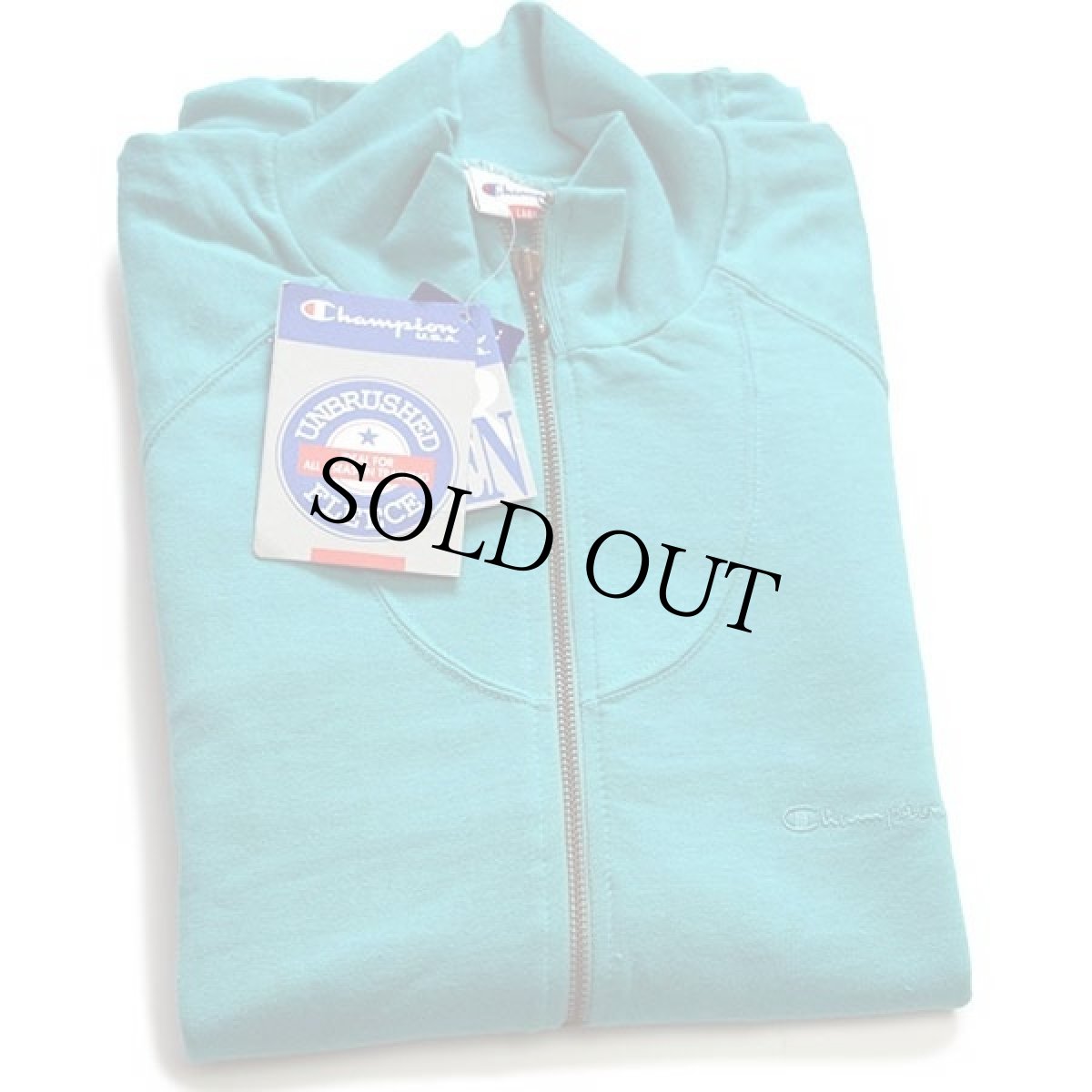 画像1: デッドストック★90s Championチャンピオン ワンポイント スクリプト ロゴ刺繍 モックネック フルジップ スウェット エメラルドグリーン L (1)