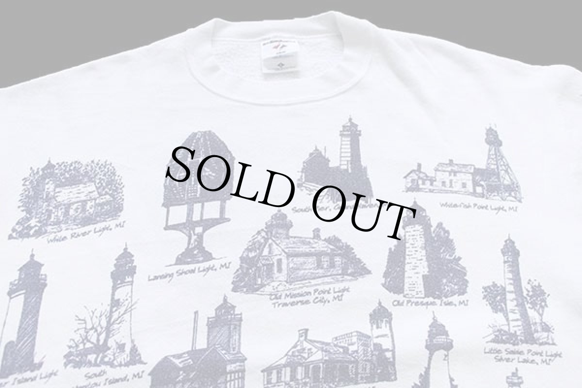 画像3: 00s USA製 MICHIGAN RAGミシガンラグ 灯台 総柄 アート スウェット 白 L (3)