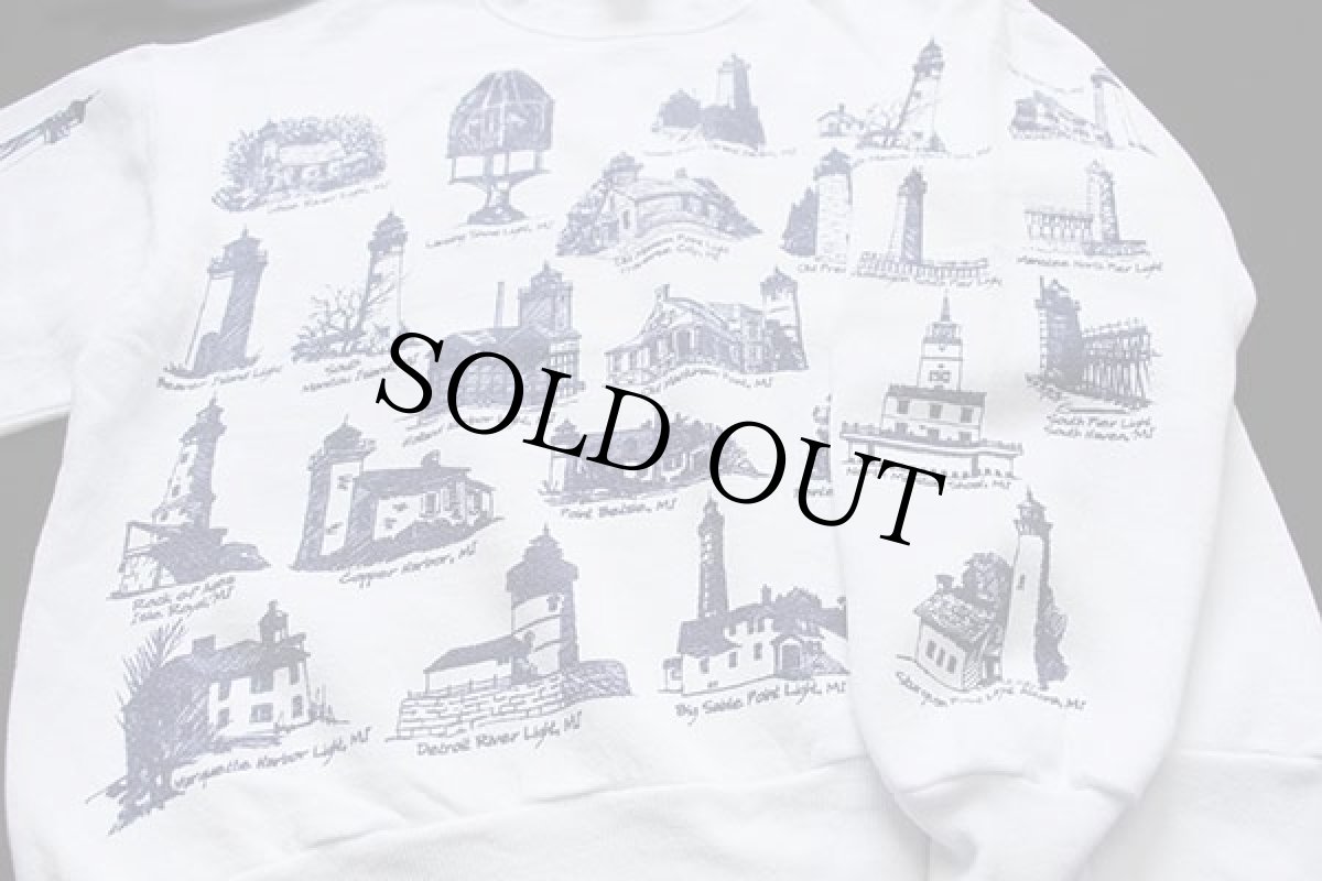 画像4: 00s USA製 MICHIGAN RAGミシガンラグ 灯台 総柄 アート スウェット 白 L (4)