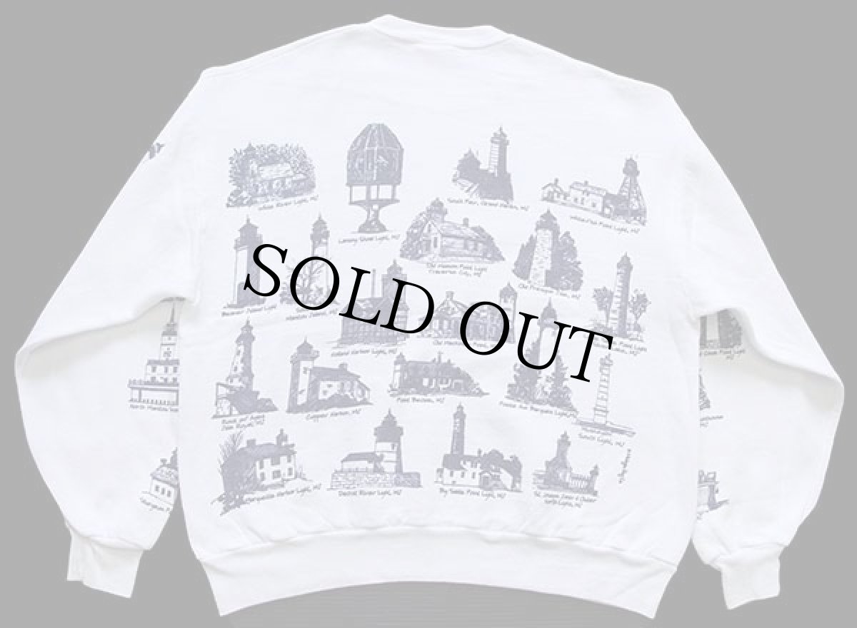 画像2: 00s USA製 MICHIGAN RAGミシガンラグ 灯台 総柄 アート スウェット 白 L (2)