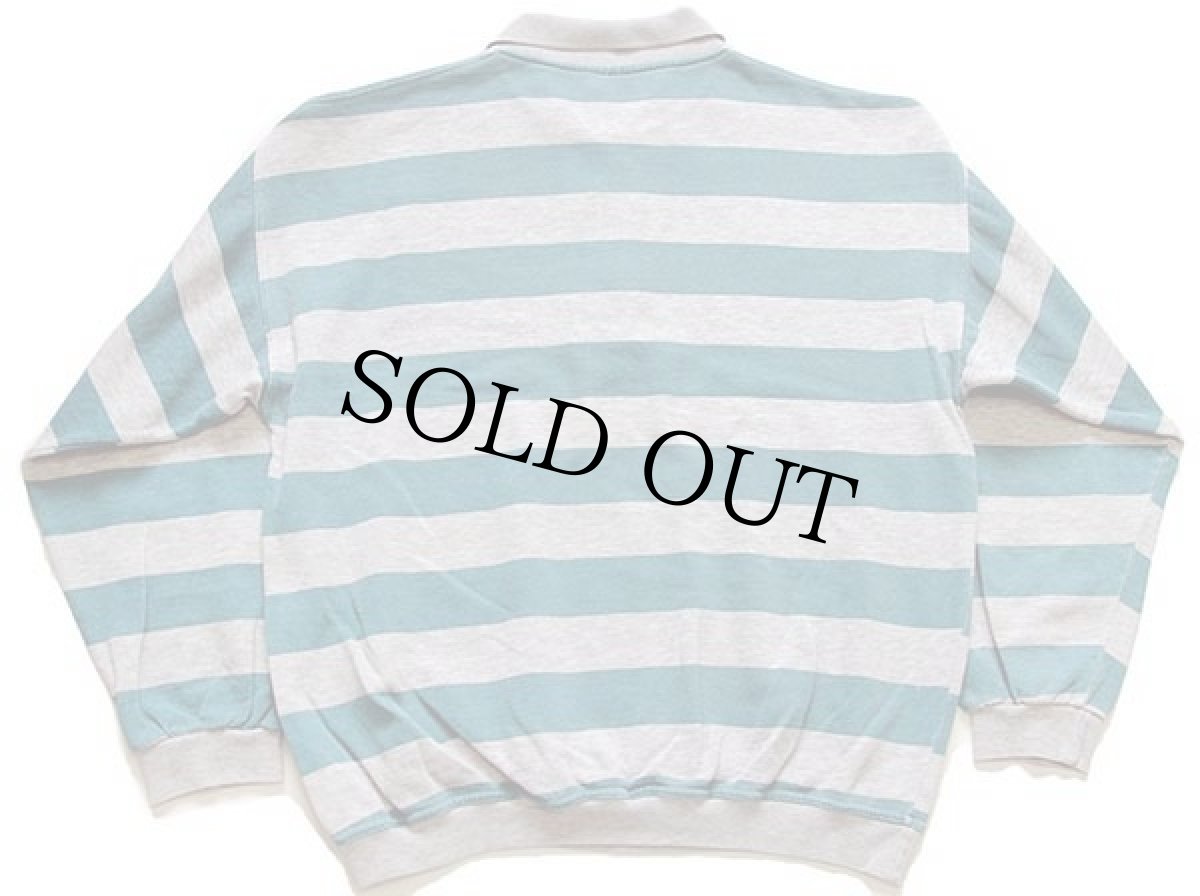 画像2: 90s ポルトガル製 CAPRICIO 太ボーダー 襟付き ヘンリーネック スウェット 緑×杢グレー (2)