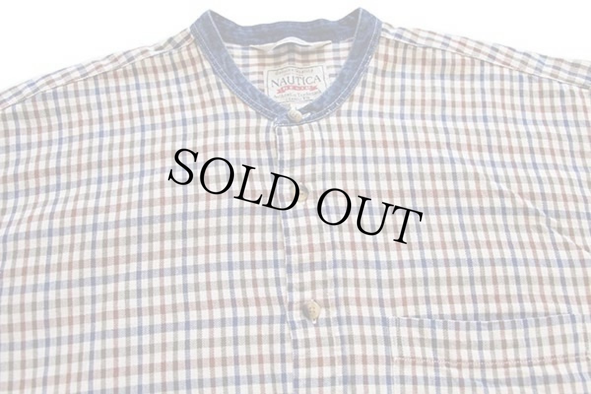 画像3: 90s USA製 NAUTICAノーティカ チェック バンドカラー コットン ヘリンボーン ライトネルシャツ L (3)