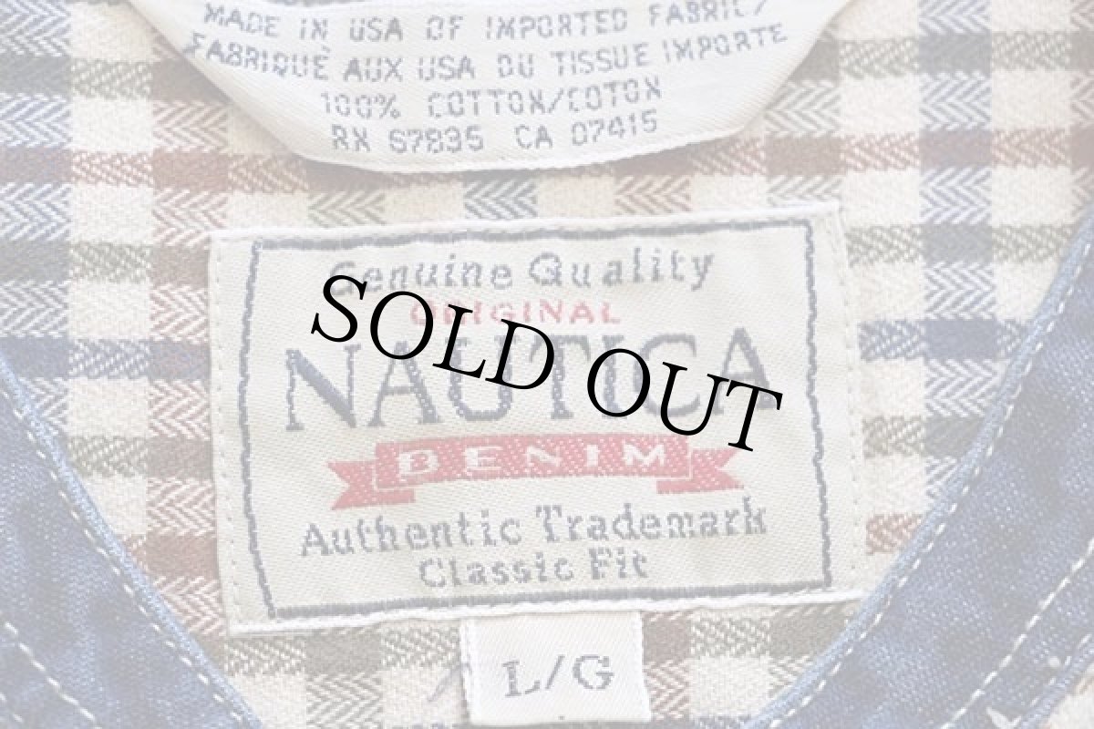 画像4: 90s USA製 NAUTICAノーティカ チェック バンドカラー コットン ヘリンボーン ライトネルシャツ L (4)