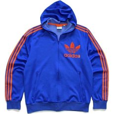 画像1: 00s adidasアディダス トレフォイル ビッグロゴ フェルトプリント トラックジャケット パーカー 青×オレンジ L★ジャージ (1)