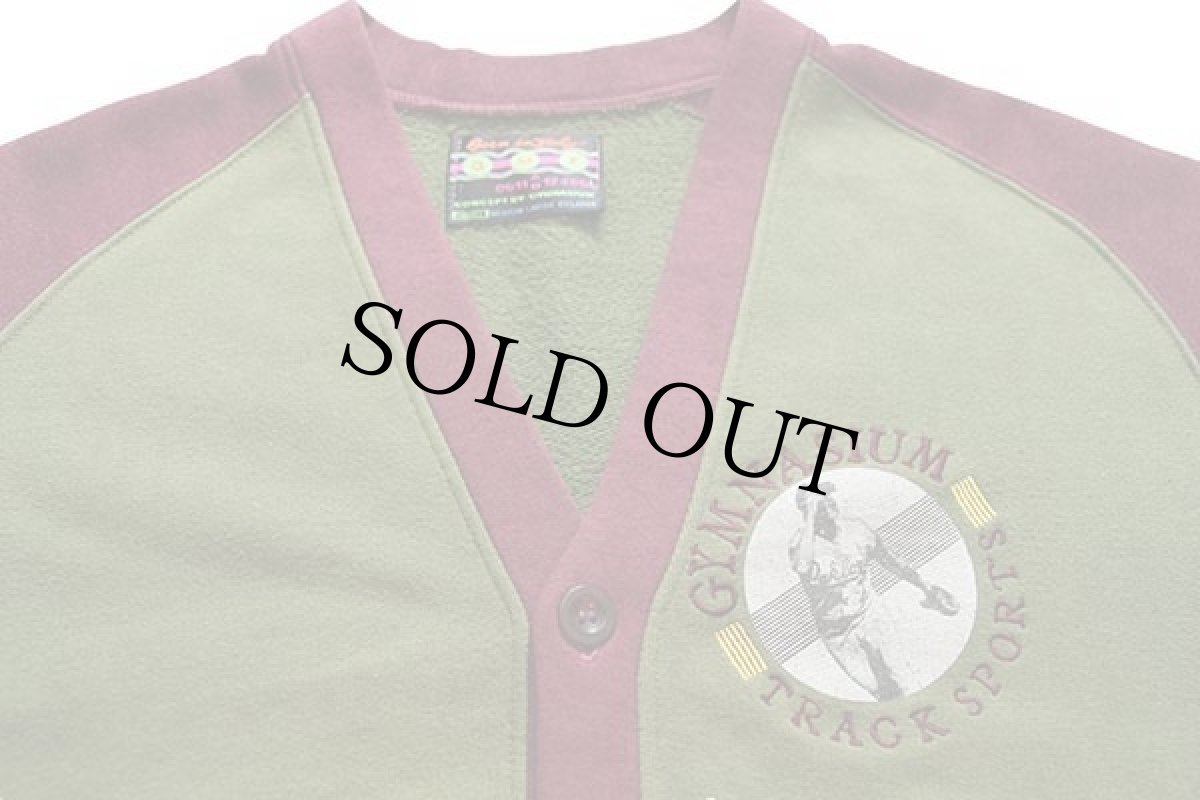 画像3: 90s イタリア製 GMF GYMNASIUM TRACK SPORTS刺繍 ツートン切り替え スウェット カーディガン オリーブ×バーガンディ S (3)