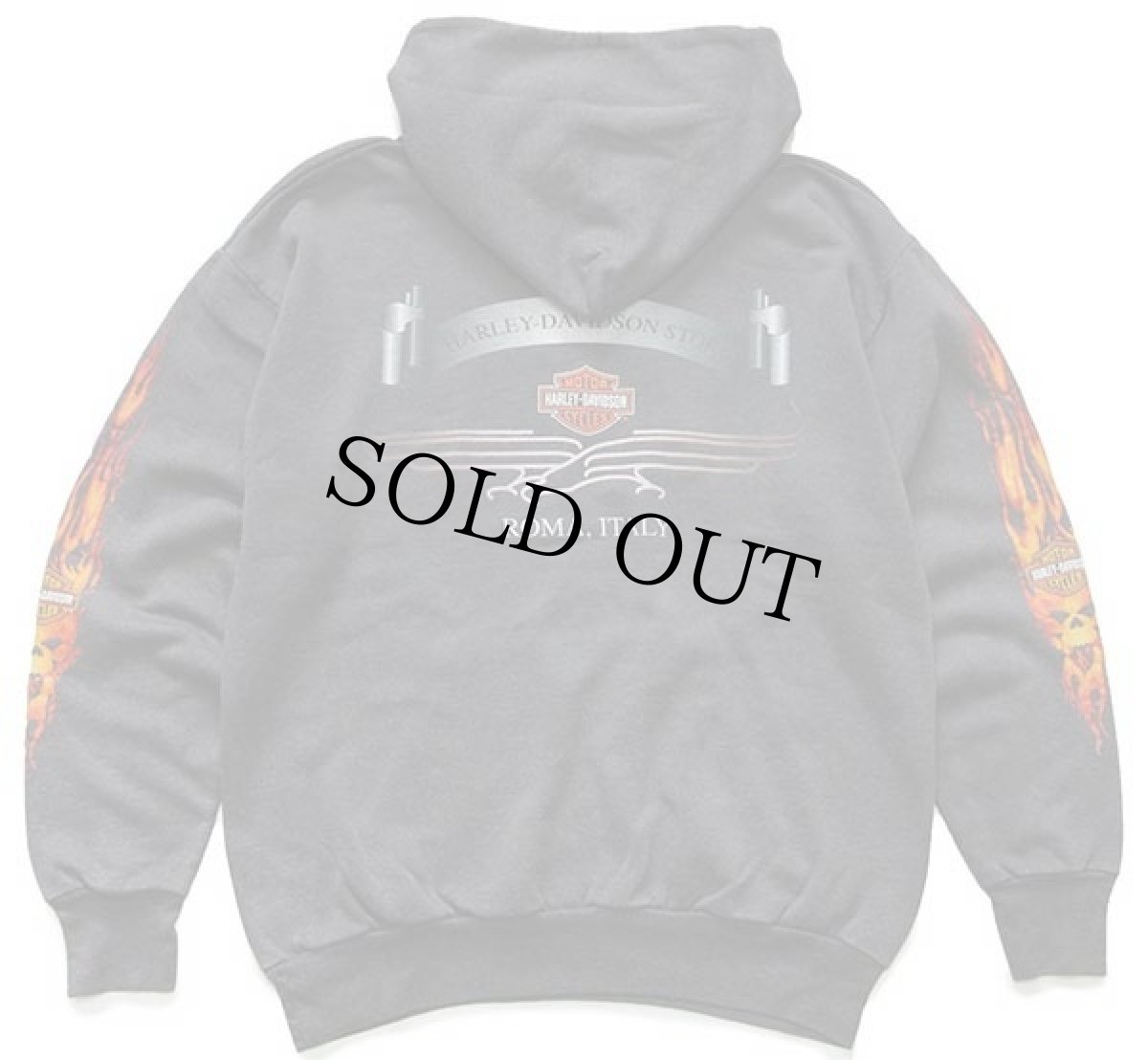 画像2: 90s 英国製 HARLEY-DAVIDSON ハーレー ダビッドソン ROMA ITALY フレイムス 両面プリント スウェットパーカー 炭黒 M★フーディー ファイヤーパターン (2)