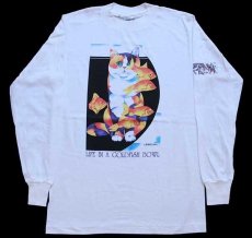 画像2: デッドストック★90s USA製 LIFE IN A GOLDFISH BOWL キャット 金魚 アニマル アート コットン 長袖Tシャツ 白 M★A (2)