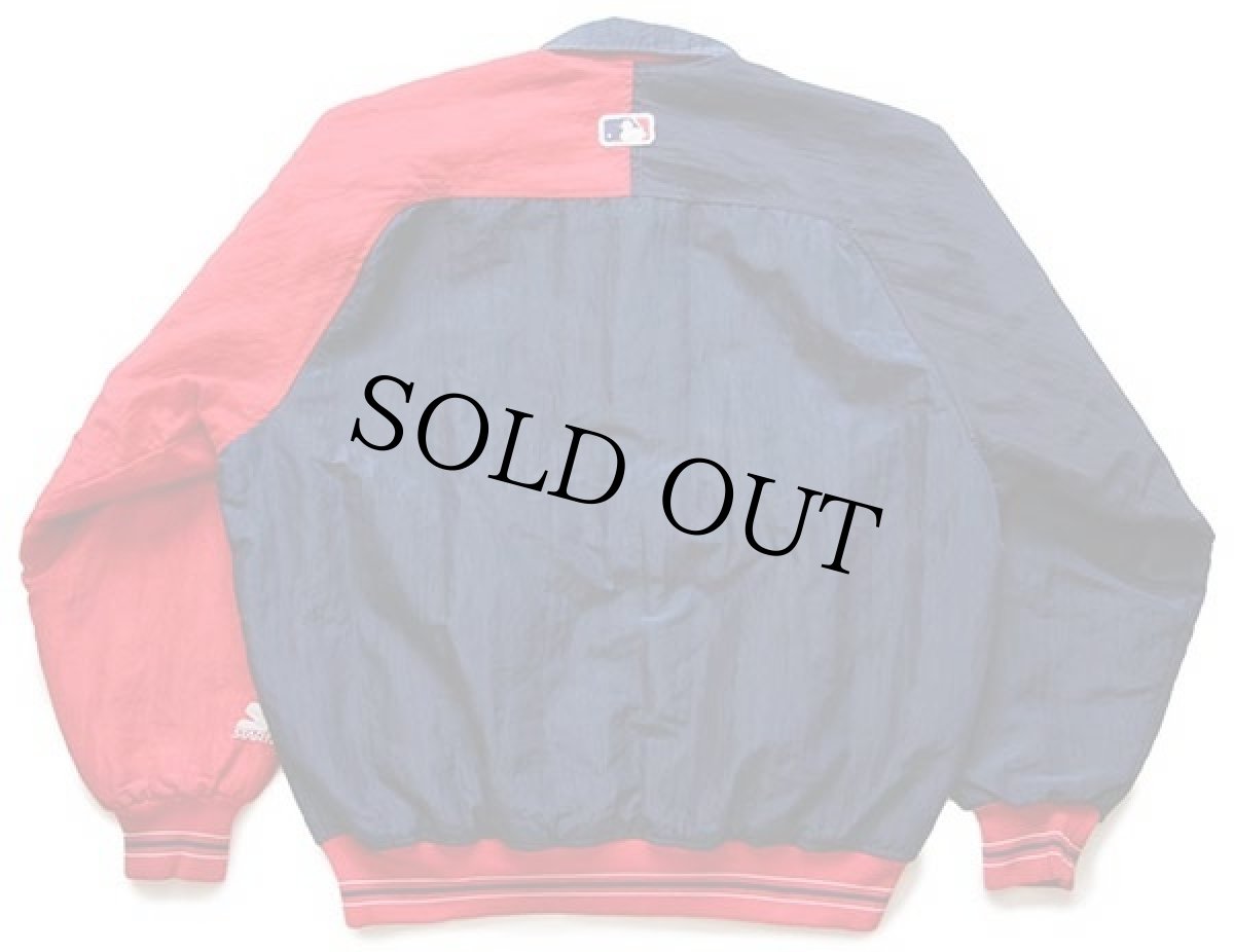 画像2: 90s USA製 STARTERスターター MLB CLEVELAND Indians ツートン アシンメトリー 中綿入り ナイロンスタジャン 紺×赤 S (2)