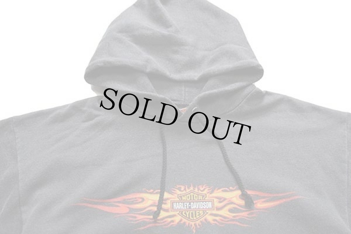 画像3: 90s 英国製 HARLEY-DAVIDSON ハーレー ダビッドソン ROMA ITALY フレイムス 両面プリント スウェットパーカー 炭黒 M★フーディー ファイヤーパターン (3)