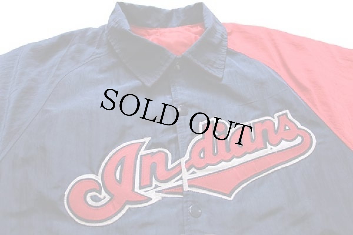 画像3: 90s USA製 STARTERスターター MLB CLEVELAND Indians ツートン アシンメトリー 中綿入り ナイロンスタジャン 紺×赤 S (3)