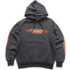 画像1: 90s 英国製 HARLEY-DAVIDSON ハーレー ダビッドソン ROMA ITALY フレイムス 両面プリント スウェットパーカー 炭黒 M★フーディー ファイヤーパターン (1)