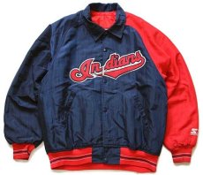 画像1: 90s USA製 STARTERスターター MLB CLEVELAND Indians ツートン アシンメトリー 中綿入り ナイロンスタジャン 紺×赤 S (1)