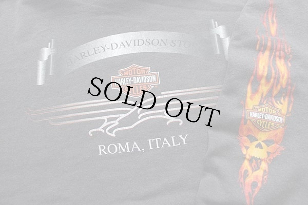 画像5: 90s 英国製 HARLEY-DAVIDSON ハーレー ダビッドソン ROMA ITALY フレイムス 両面プリント スウェットパーカー 炭黒 M★フーディー ファイヤーパターン (5)