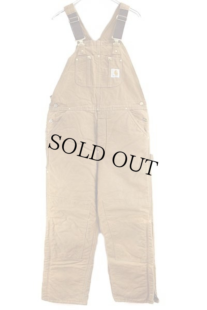 画像2: 90s USA製 carharttカーハート キルティングライナー ダック地 ダブルニー オーバーオール 茶 w34 L32 (2)