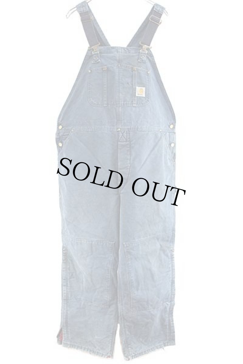 画像2: 90s carharttカーハート キルティングライナー ダック地 ダブルニー オーバーオール ボロ 薄紺 w44 L30 (2)