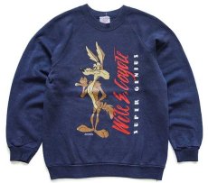 画像1: 90s Warner Bros LOONEY TUNES WileE.Coyote ワイリーコヨーテ スウェット 紺 S (1)